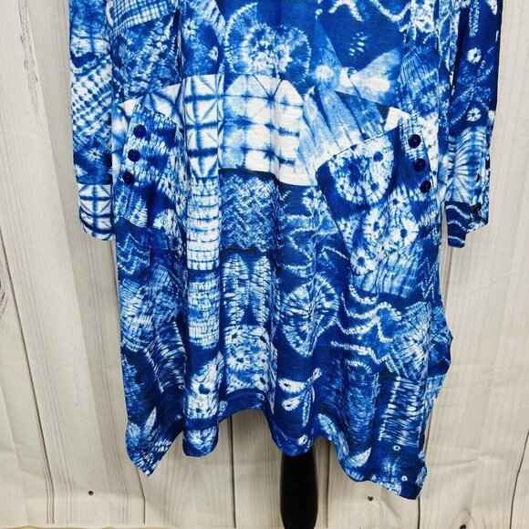Tango Mango Blue Patterned 3/4 Sleeve V-Neck Tunic Blouse Women's Sz L India - Picture 4 of 11